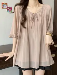 2025 Summer New Style Stylish Short-sleeved Slim Chiffon Shirt Loose and Versatile Elegant Top