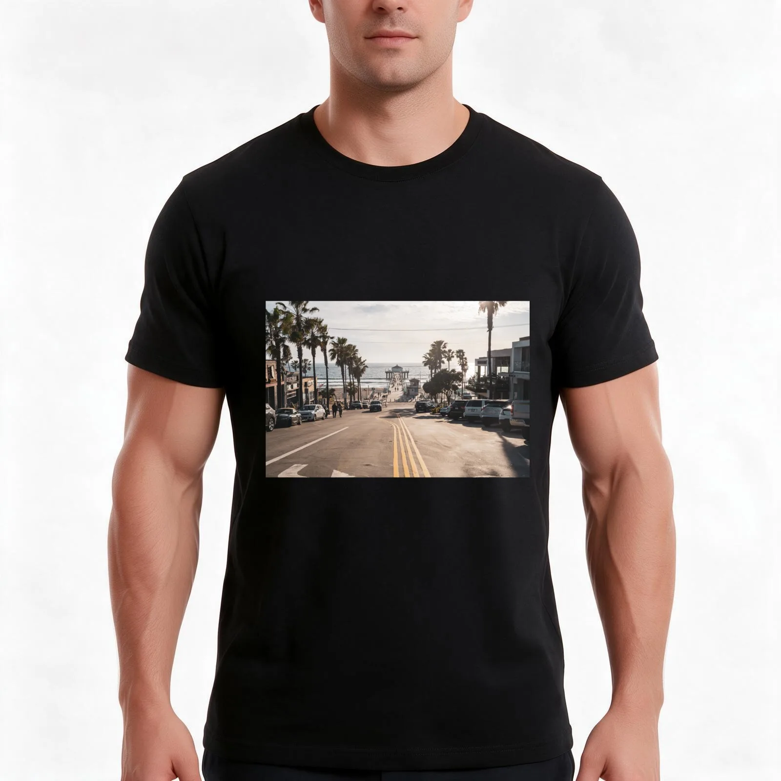 View of the Manhattan Beach Pier as seen from downtown, in the late afternoon sunshine T-Shirt, Summer Casual Cotton Tee