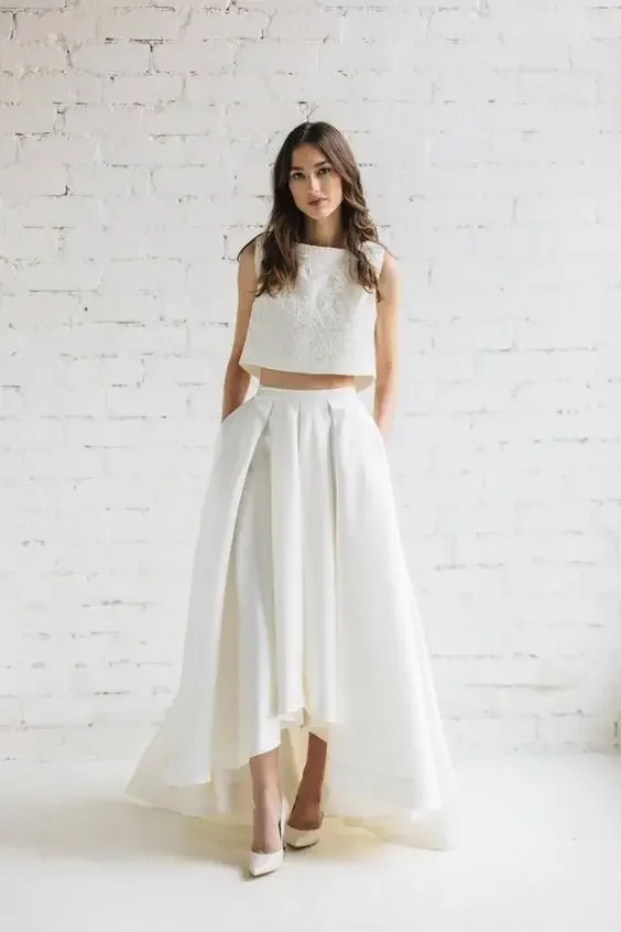 Off White High Low Wedding Skirt with Pockets Fashion Sweep Train Satin Long Women Skirt for Prom Party Faldas Saia Custom