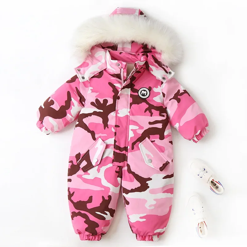 Setelan pakaian Ski bayi kamuflase, jumpsuit hoodie kerah bulu untuk anak perempuan, baju monyet bayi, setelan Ski mode kamuflase musim dingin 2024