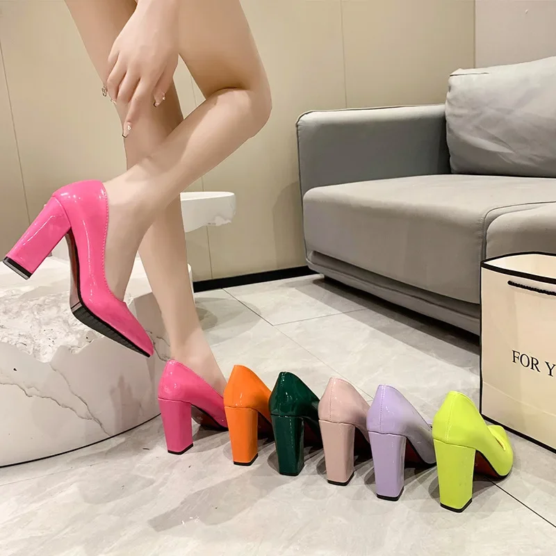 2023 Shoes Thick Heel Woman Pumps Candy Color Women Office Pointed Toe High Heels Wedding Female Heel Shoes