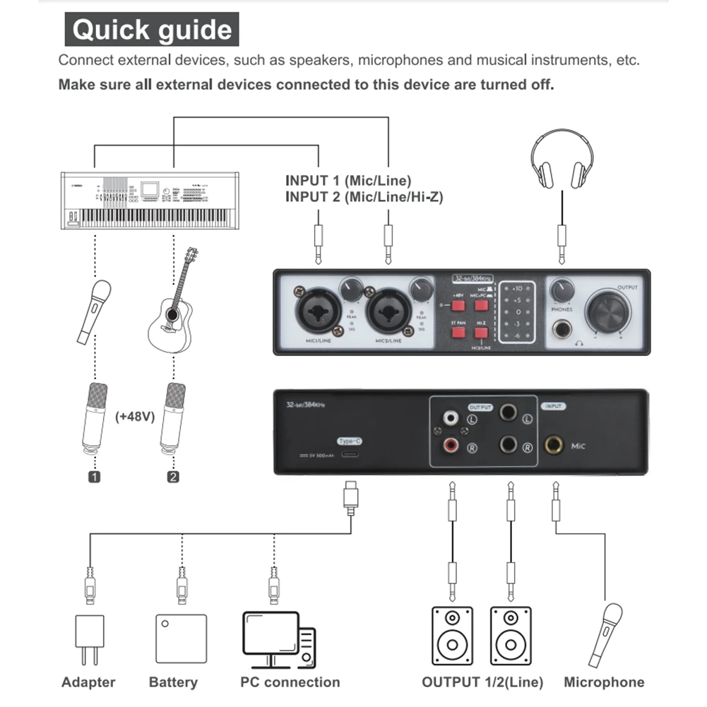 T88C 2 in 2 out Interfaccia audio USB Scheda audio di registrazione 32 bit/384 KHZ Studio Record Scheda audio professionale 48 V Phantom
