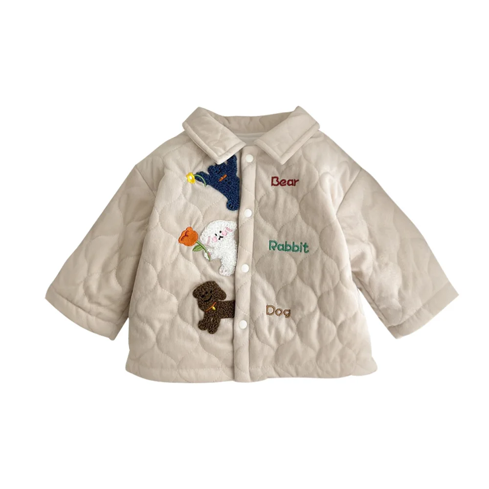 Korean Autumn Winter Baby Girls Coat Embroidered Cartoon Dog Cotton Padded Infant Girls Jacket Thick Warm Toddler Girls Parkas