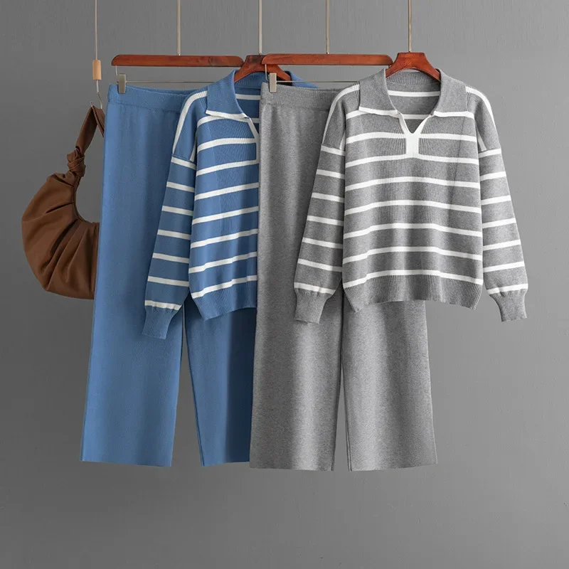 

Autumn Winter New Casual Contrast Striped V-Neck Design Knitted Sweater Tops High Waist Wide Leg Pants Women Two-Piece Sets