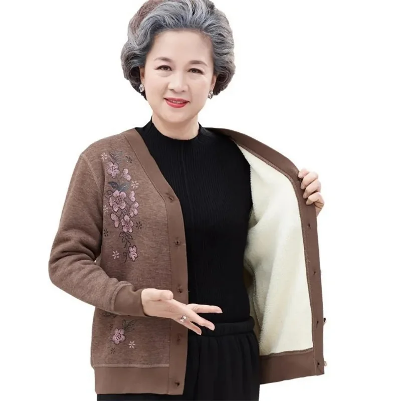 Add Fleece Thick Warm Women\'s Jacket Tops Middle-Aged Elderly Mother Autumn Winter Coat Single-Breasted Cardigan Outerwear 2022