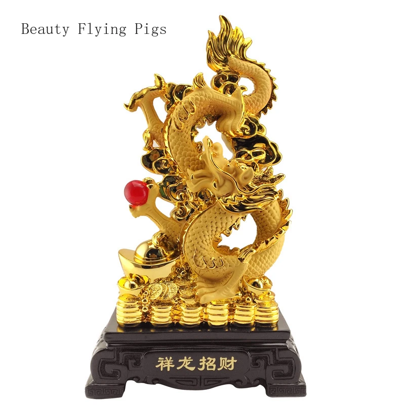 

17x9x28cm resin golden zodiac dragon wind faucet decoration Golden Dragon handicraft opening gift office desktop decoration