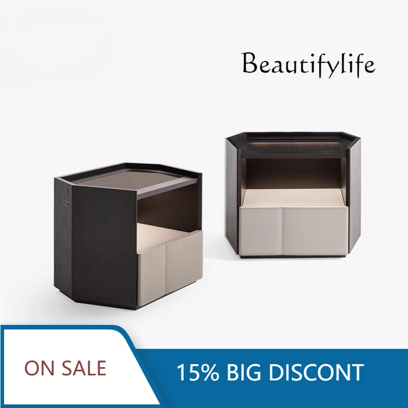 

BK Modern Simple Bedside Table Italian Minimalist New Solid Wood Glass Light Luxury Household Bedroom Bedside Cabinet