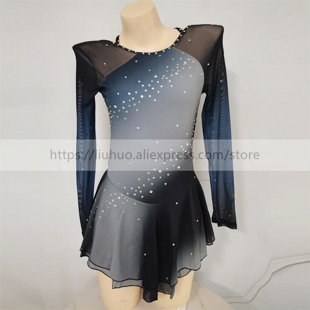 

LIUHUO Women Aldult Girl Customize Costume Performance Competition Leotard Ice Figure Skating Dress Roller Gradient Grey Black