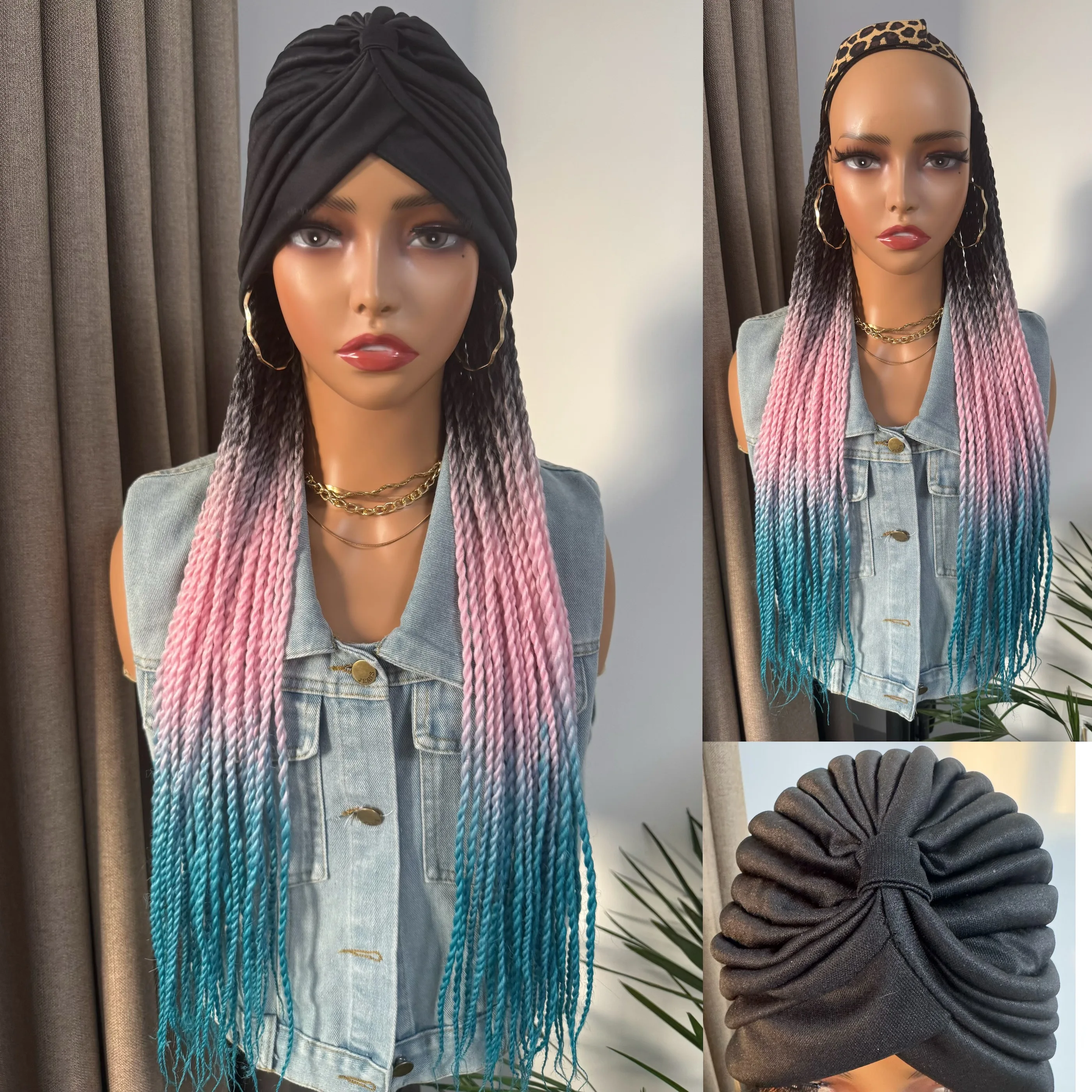 Turban Braiding Hair Long Ombre Fantasy Senegalese Twist 24Inch Braided Synthetic Wig With Headband  Extensions For Women