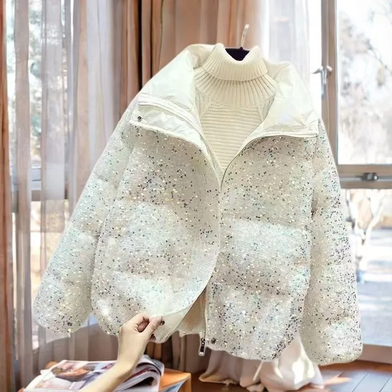 

2025 Winter Jacket Women Fashion Sequin Stand Up Collar Short Cotton Coat Sparkling Parkas