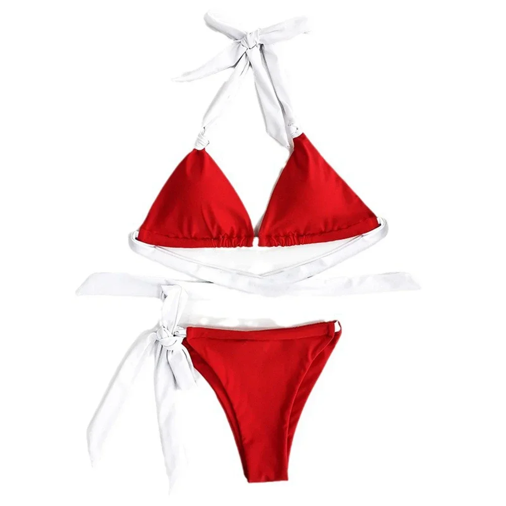 

Сексуальный купальник-бикини с лямкой на шее 2024, красный с белой повязкой, купальный костюм с подвесной шеей, европейско-американский комплект бикини с накладкой на грудь