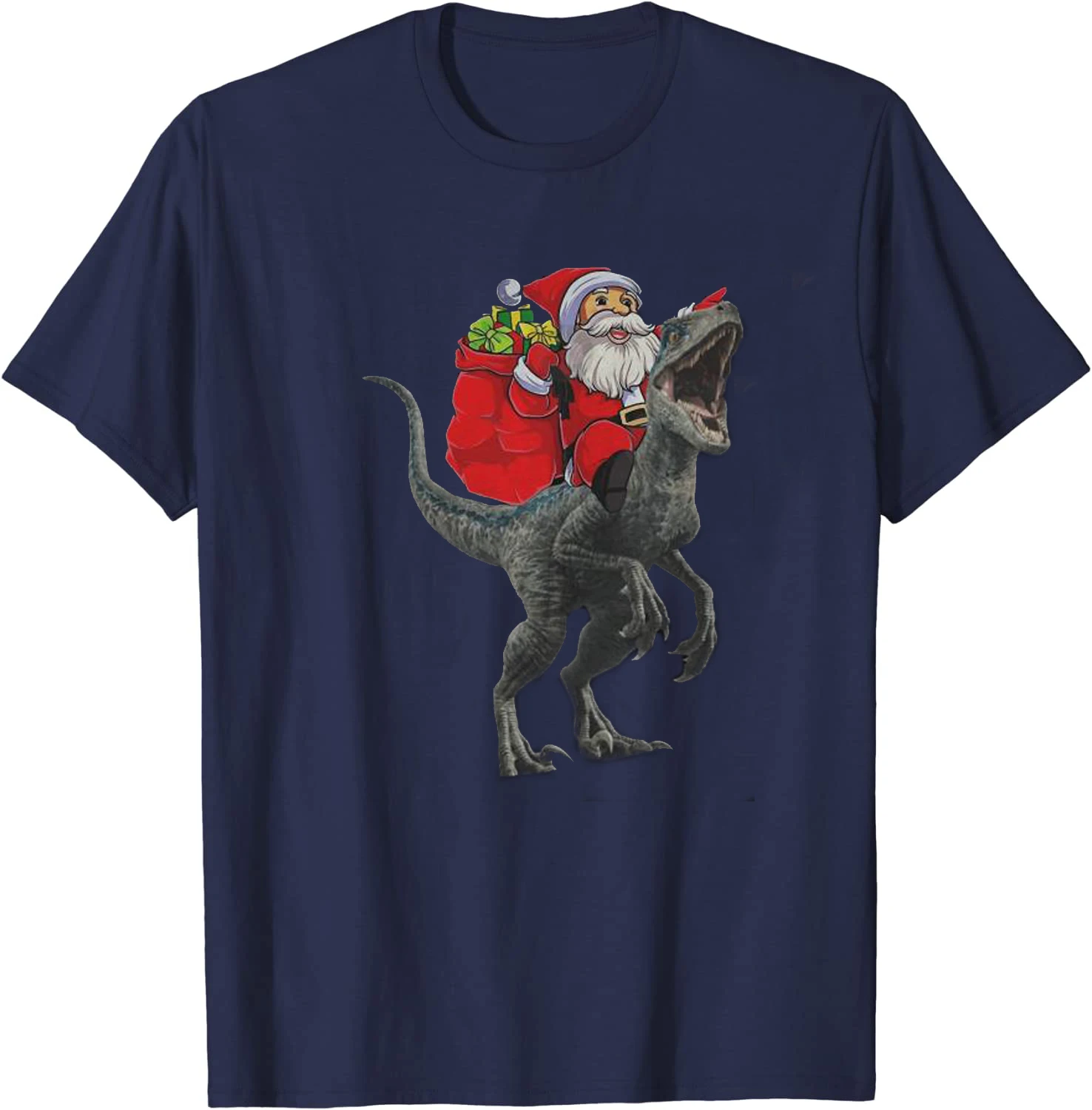 Santa Claus Riding A Velociraptor Christmas Dinosaurs T-Shirt 100% Cotton O-Neck Short Sleeve Casual Mens T-shirt Size S-3XL