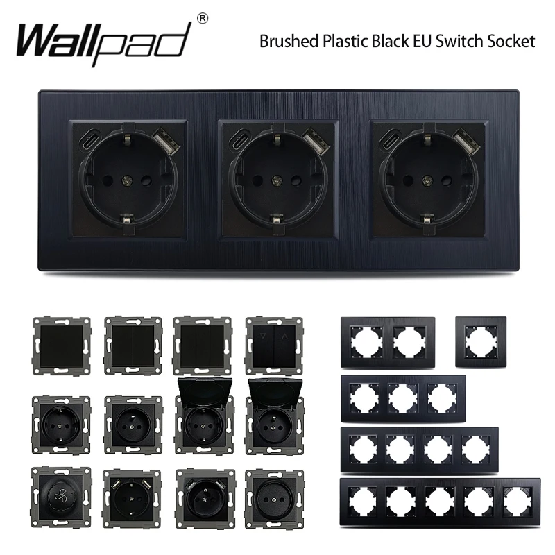 DIY EU Black Matte Brushed Plastic Waterproof PC Panel Euro French Wall Socket with USB Fast Charger Port Type A C TV Data Cat6