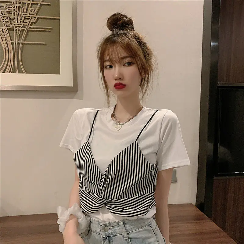 Striped T Shirt Korean Tops Aesthetic Short Sleeve Casual Fashion Women\'s T-shirt Summer Clothes Loose Pulovers Elegant White Xl