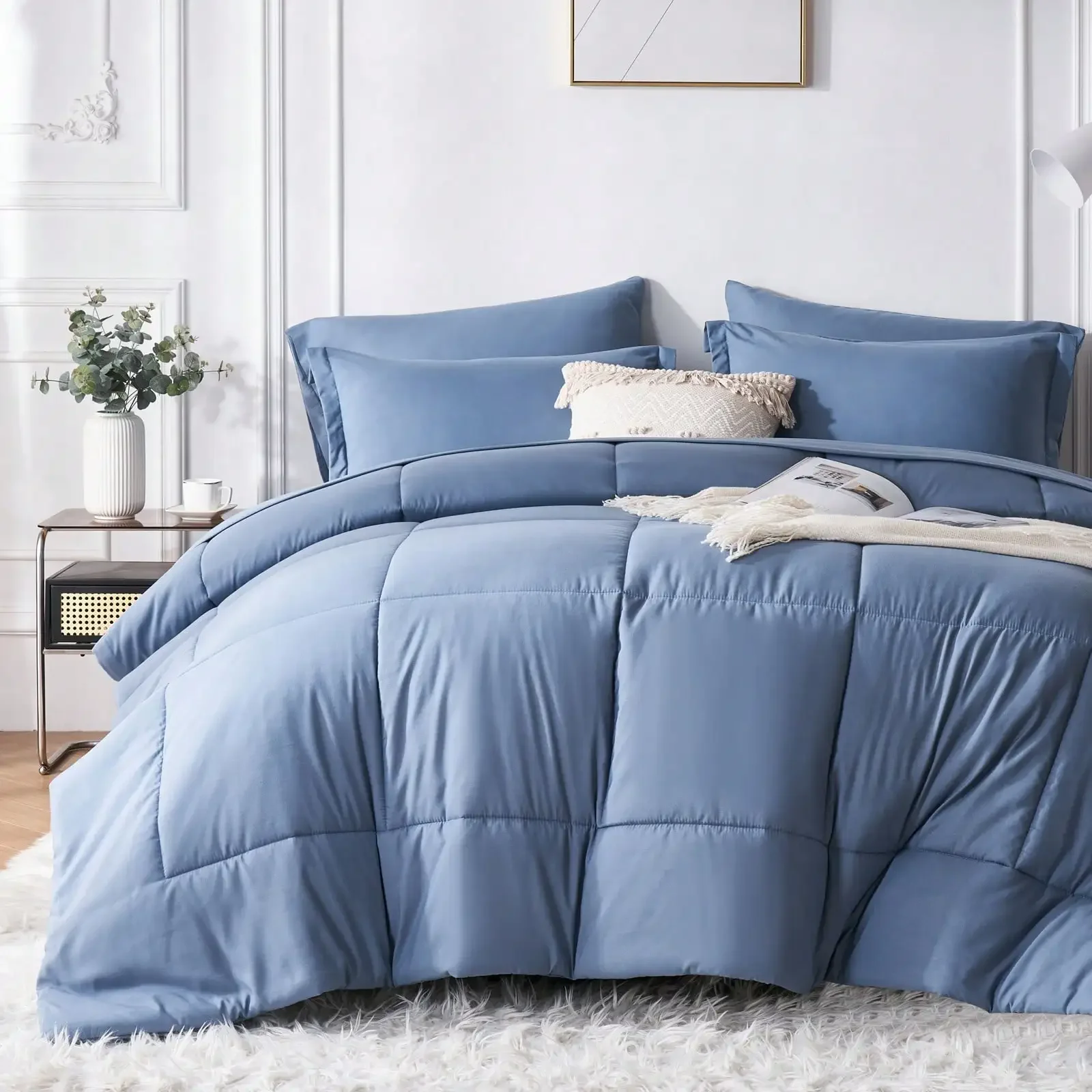 

5/7-Piece Solid Colour Checkered Bed Comforter Sets Queen - Soft Microfiber, Lightweight, All-Season, Twin/Full/Queen/King Size