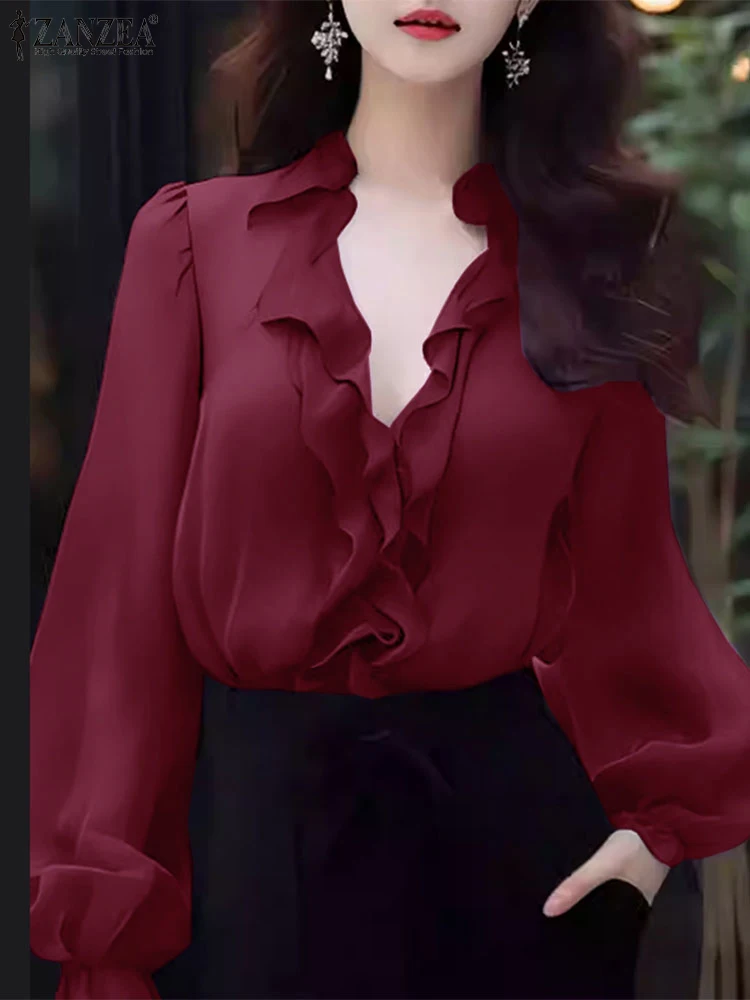 

Elegant Office Lady Blouse ZANZEA Women Autumn V Neck Long Sleeve Tunic Tops Stylish Spring Flounce Work Shirt Summer Blouses