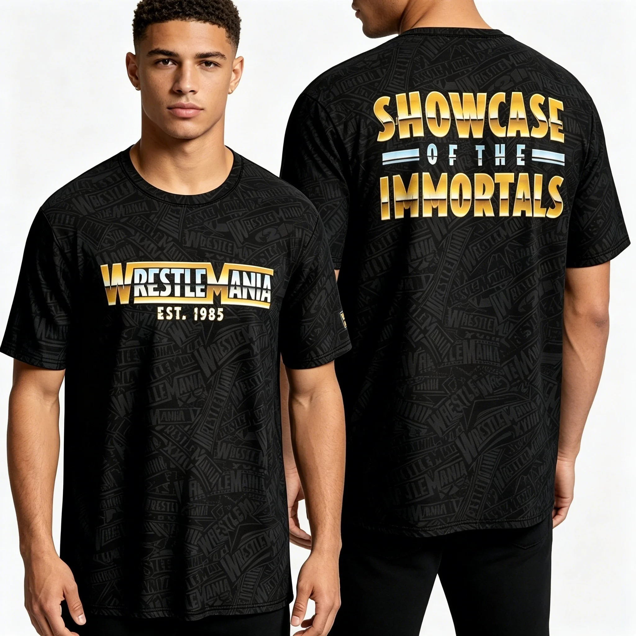 Camiseta con estampado temático de WrestleMania, logotipo de WrestleMania en la parte delantera, letras de Showcase of the Immortals en la parte trasera, ropa deportiva informal