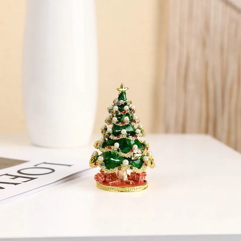 Enamel Craft Gift Creative Christmas Small Figurine Rhinestone Tree Jewelry Box Snowman Santa Ornament