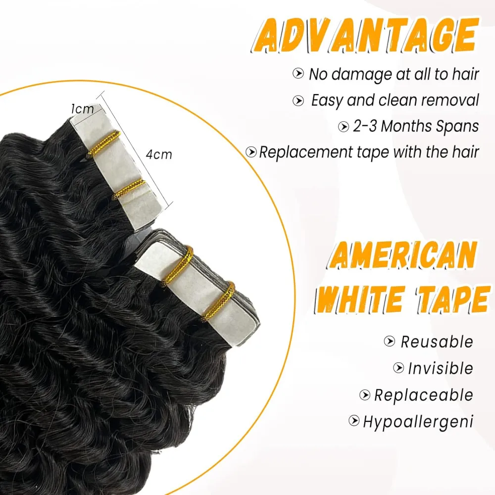 Deep Wave Tape In Hair Extensions Skin Weft Adhesive Natural Black Tape In Curly Human Hair Extension 16-26 Inch Brazilian Hair