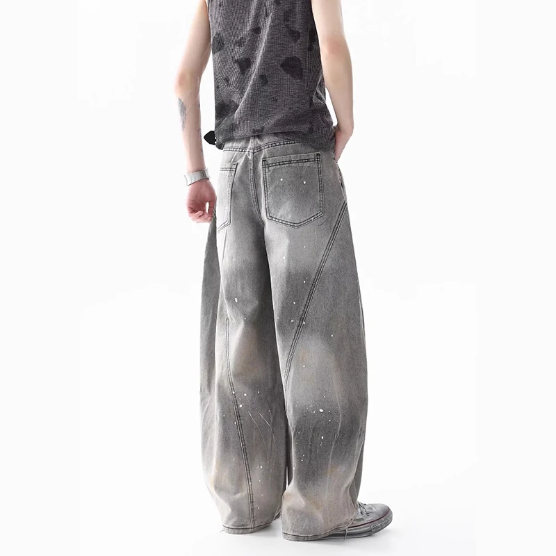 WTHT ファッションメンズグラデーションパッチワーク落書き古いデニムパンツヴィンテージハイウエストワイドレッグジーンズ男性 2025 夏 2A1110