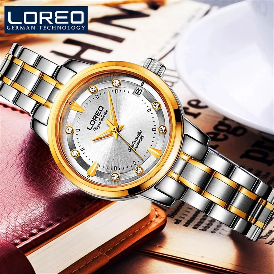 Loreo safira moda feminina relógio mecânico automático senhora pulseira de couro alta qualidade casual relógio de pulso à prova dwristwatch água