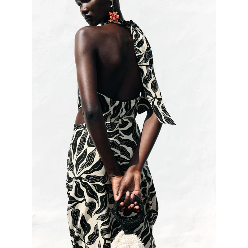 여름 신상 섹시 백리스 브이넥 더블 브레스티드 믹스 드레이프 넥 미디 드레스 우아한 하이웨이스트 민소매 롱 스커트 프린트 가운