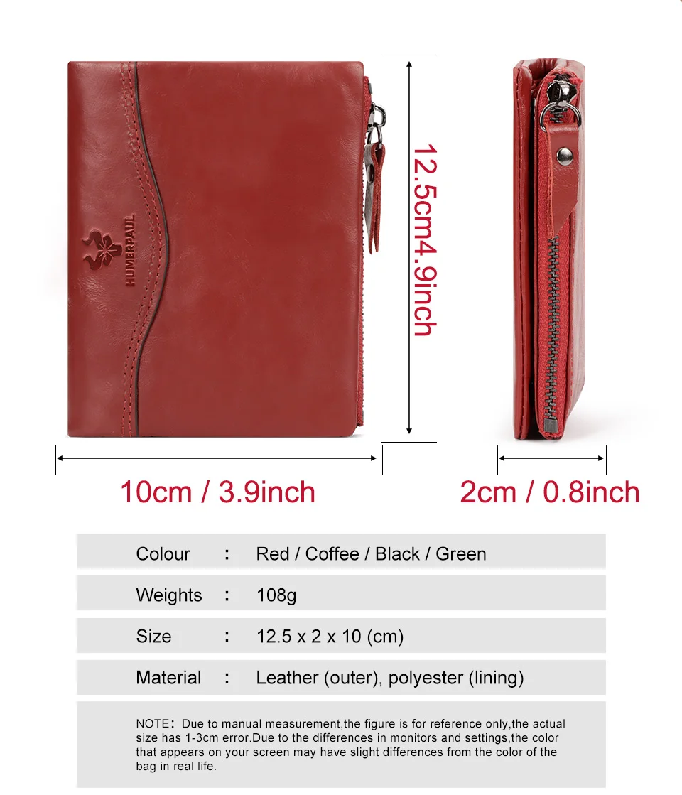 HUMERPAUL Klassische Geldbörse aus genarbtem Leder, zweifach faltbar, Kreditkartenetui, schmale Herren-Clutch mit Münzfach mit Reißverschluss, Qualität – Detail 4