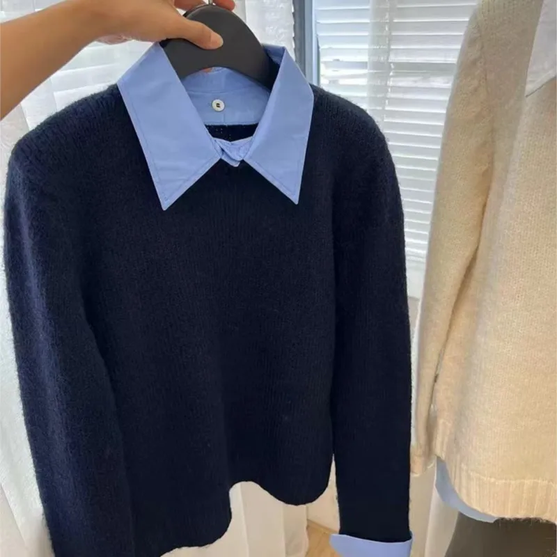 

Contrast Pullover Sweater Pulls Femmes Woman Clothing Winter Clothes Loose Knitted Bottoming Lapel Simple Style Casual Commuting