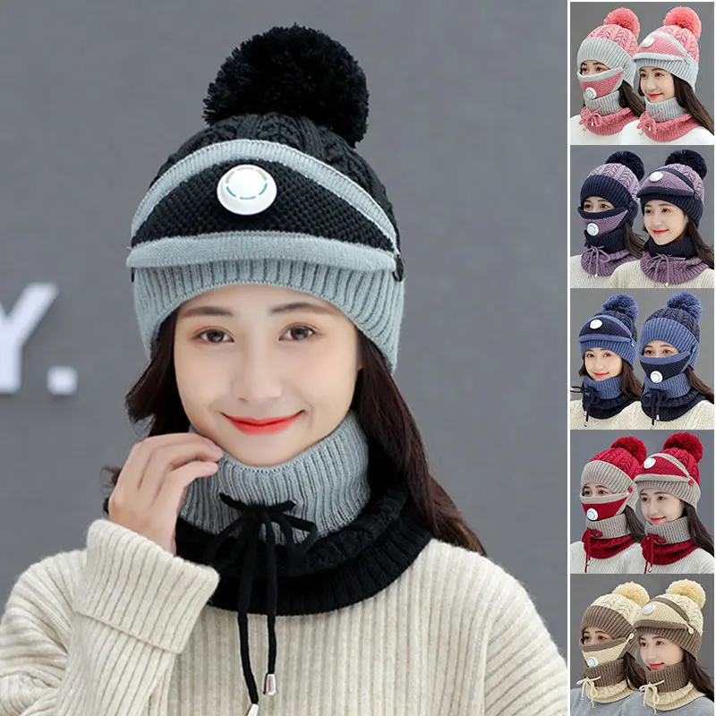 2021 New Fashion 3PCS Womens Winter Scarf Set  with Filter Thickend Knitted Comfortable BreathableHat Scarf Face Cover Outdoor