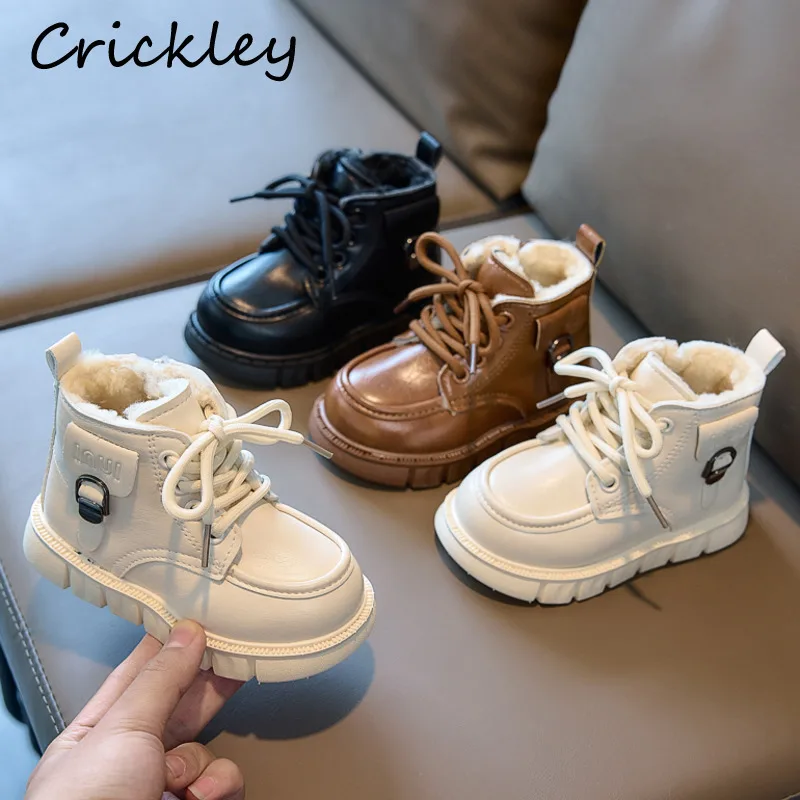 

Winter Solid Kids Fashion Boots PU Leather Plush Thick Boys Girls Ankle Shoes Warm Zip Anti Slip Toddler Children Boots