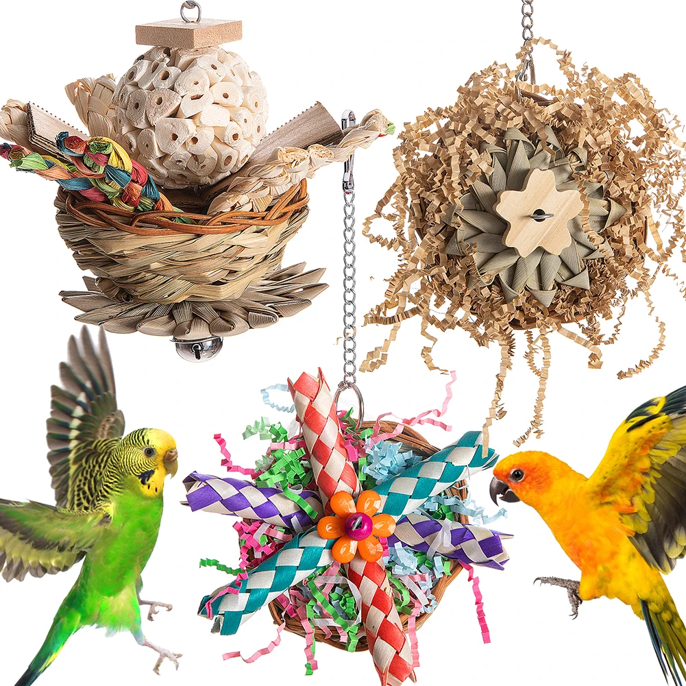 Parrot Bird Chewing Toys Colorful Foraging Shredder Toys Hanging Cage Accessories For Parrots Love Birds Cockatoos