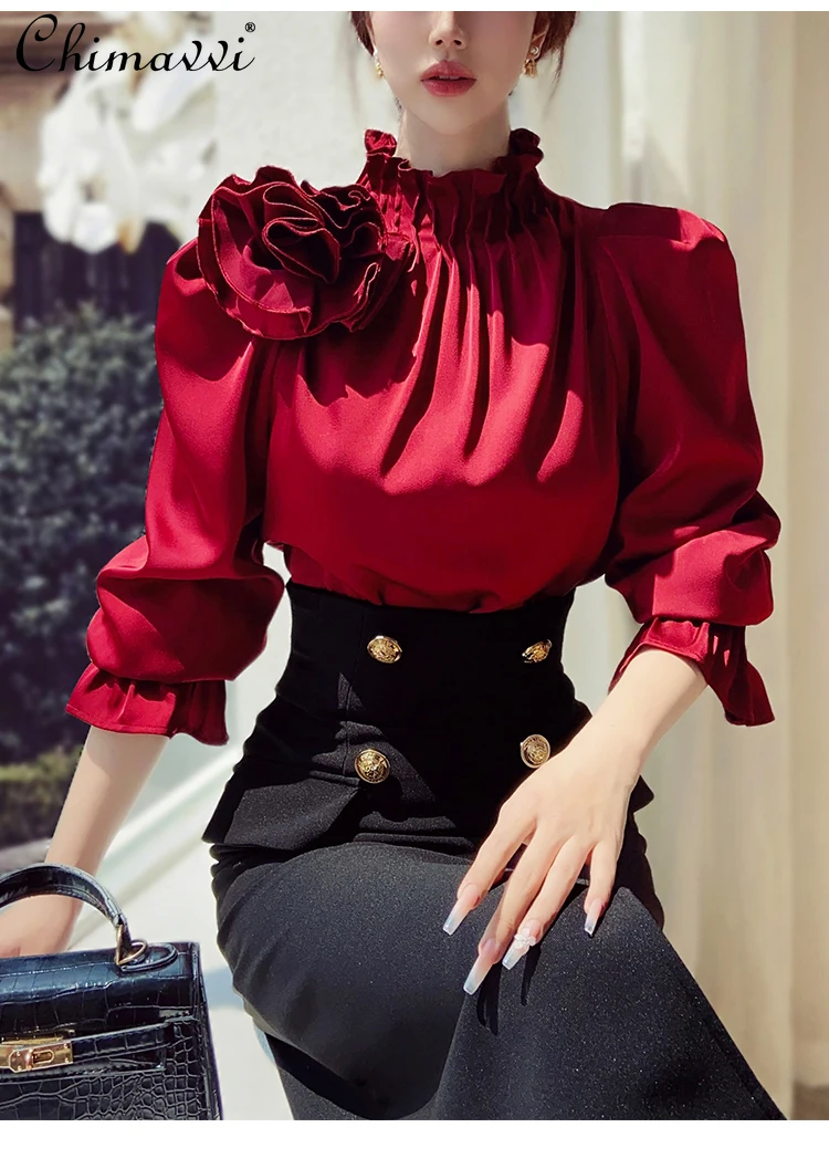 

French Fashion Stand-up Collar Burgundy Shirt Top New 2024 Autumn Commuter Slim-fit Temperament Blouse Women Blusas Mujer