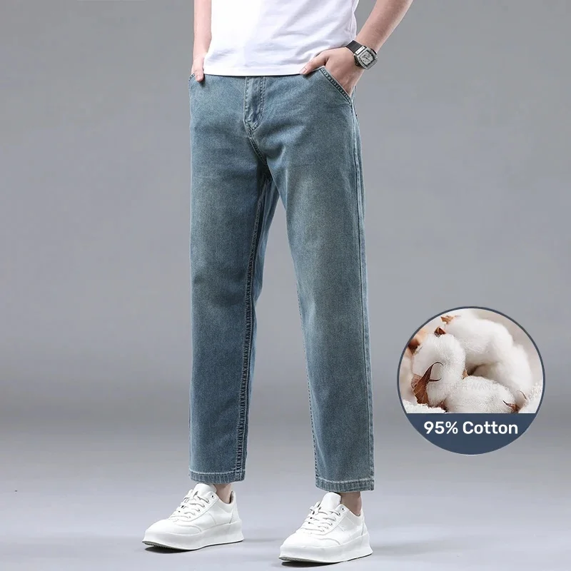 

2024 летние тонкие 95% хлопковые мужские джинсы Синие Новые стильные Стрейчевые прямые модные повседневные свободные джинсовые брюки для мужчин