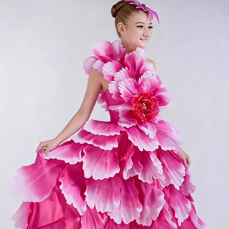 Chinese Women Performance Costume Dance Dress Traditional Folk Large Skirt  360 Elegant Blooming Flower Petal Stage Show Elegant