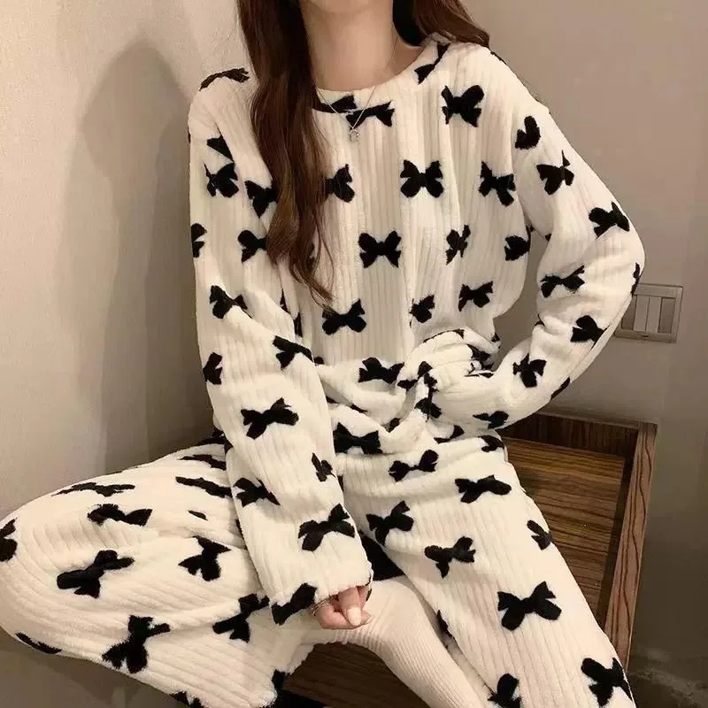 1-4PCS Womens Sleepwear Set Coral Fleece Thick Long Sleeve Bow Top Pants Winter Warm Pajama Lounge Wear Home Indoor Nightwear