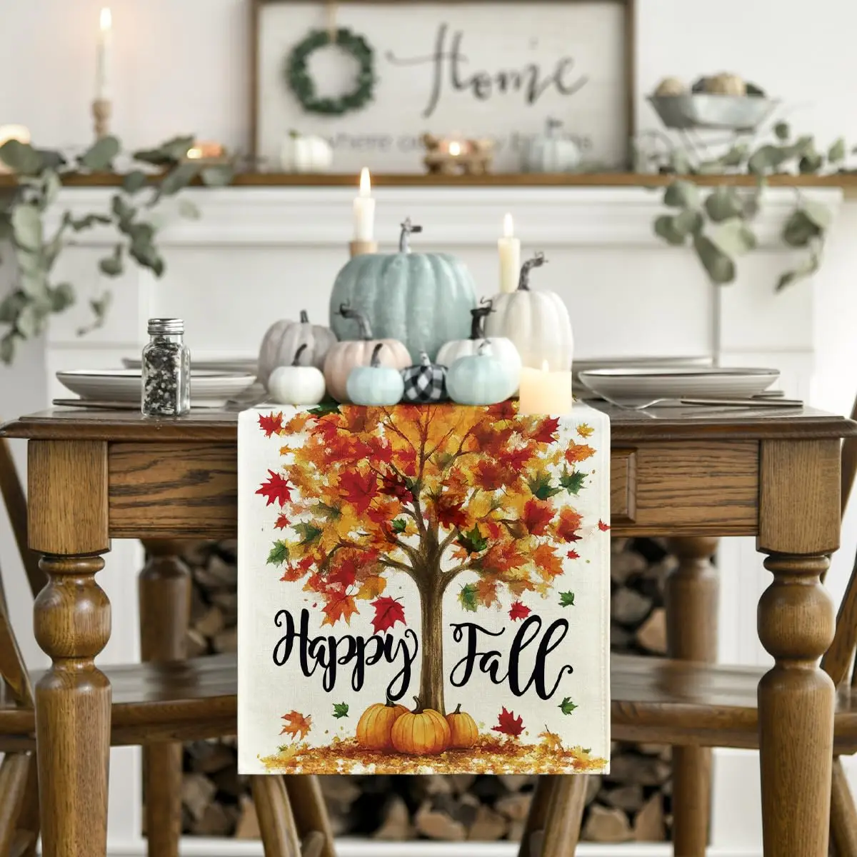 Fall Table Runner Home Party Decor Maple Tree Pumpkins Leaves, Seasonal Kitchen Dining Table Decoration