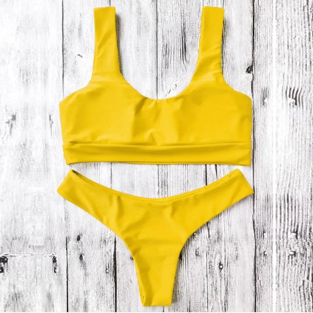 Fashion Women Yellow Bikini Swimwear 2022 Solid Color Thong Brief 2 Pieces Swimsuit Bathing Suit Simple Bikini