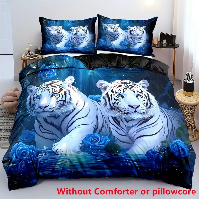 3pcs White Tiger Blue Rose Forest Lake Duvet Cover Set All-Season Comfort for Bedroom Room Kids Teens Gifts