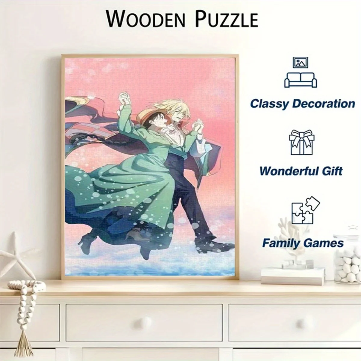 1000pcs Extra Large Anime Puzzle - Romantic Anime Characters (Golden Accent Hair, Green & Pink Pastel Colors) - Challenging La