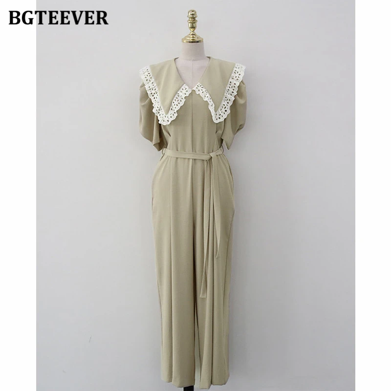 BGTEEVER Modne Długie Spodnie Damskie Kombinezony z Klapami, Koronkowymi Wstawkami, Sznurowane Kombinezony z Szerokimi Nogawkami, Letnie Stroje Damskie