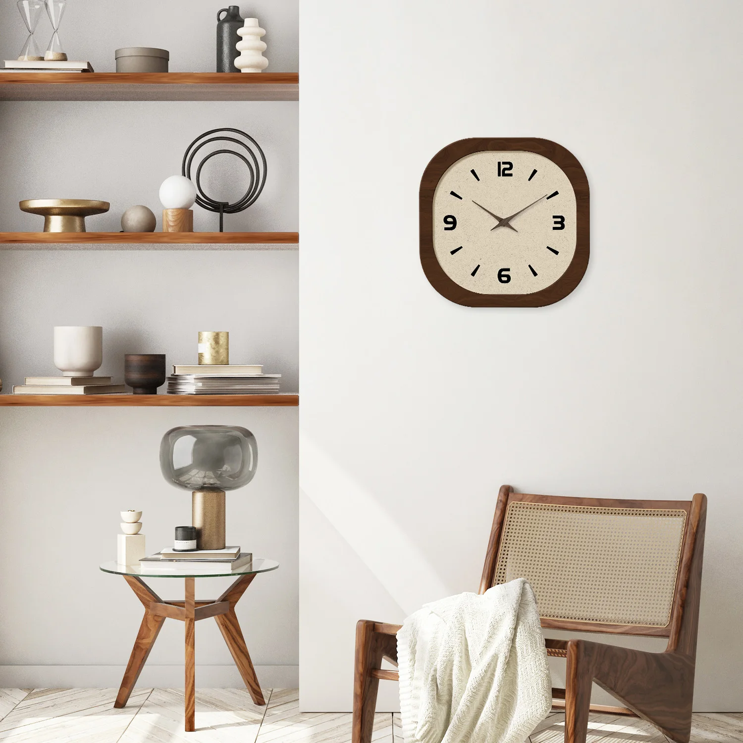 French-Style Retro Cream Crystal Porcelain Square-Shaped Simple Pattern Wooden Wall Clock for Living Room, Bedroom, Kitchen, Home Decoration, Silent
