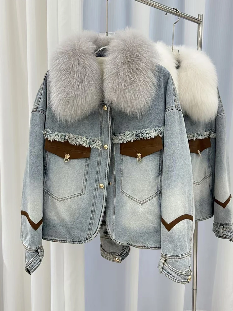 Women Winter Denim Jacket  Goose Down Jacket Natural Real Fox Fur Collar CoatsLuxury Female Outwear Free Shipping