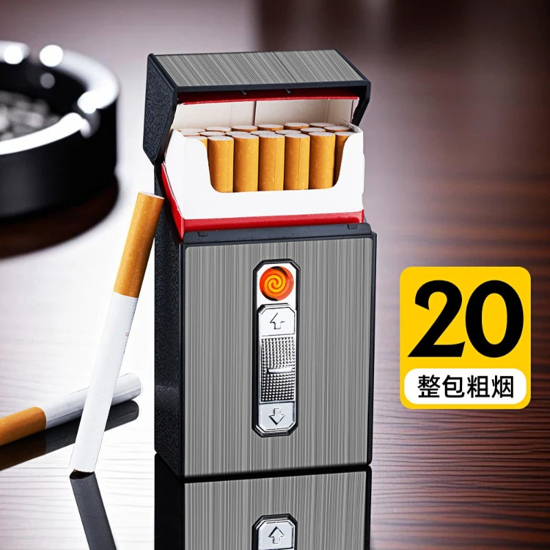 Thick Cigarette Case 20 Pcs Pyrotechnic Integrated with Cigarette Lighter, Charging Pressure-resistant and Anti-drop Tungsten