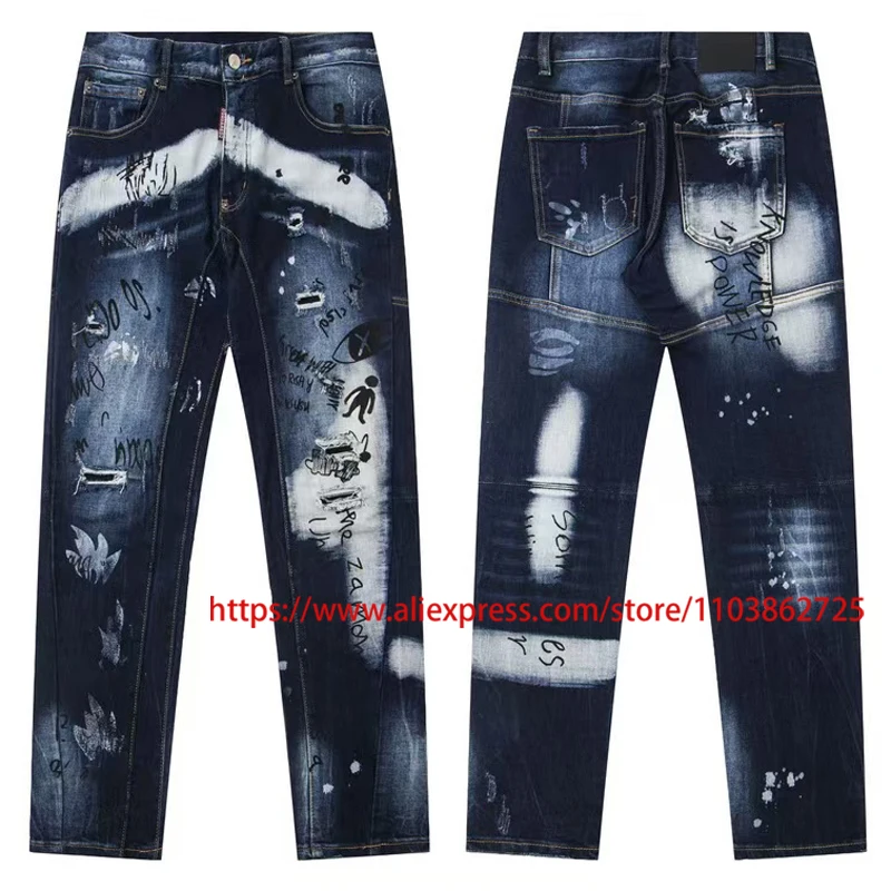 

25SS New High-quality Washed Hole Blue D2 Denim Trousers 1：1 Cotton Drooping Daily Leisure Elastic Body Shaping Button D2 JEANS