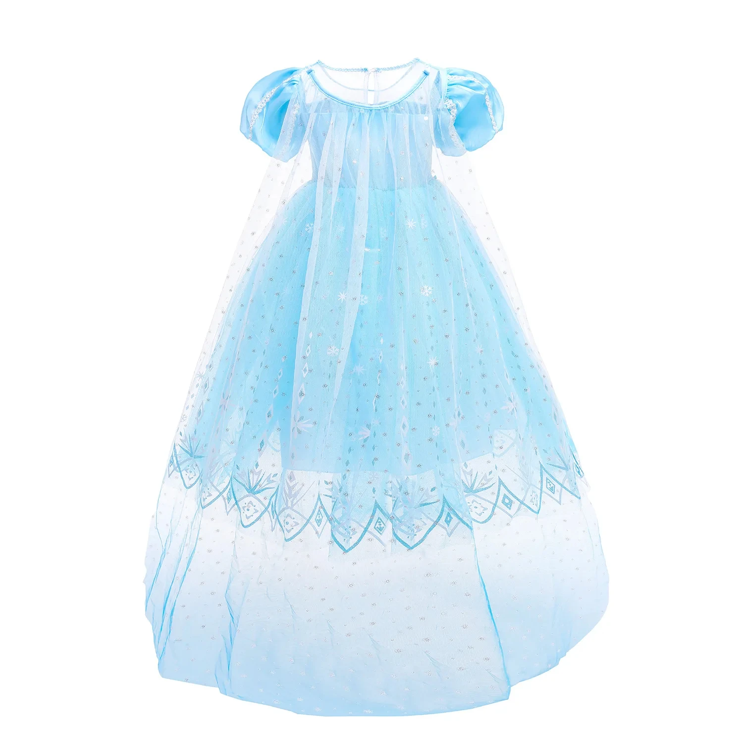 2026 Deluxe Mädchen Blaues Pailletten-Prinzessinnenkleid Schneeflocken-Print Lange Schleppe Puffärmel Kinder Elsa Kostüm Outfit Schneekönigin Ballkleid – Detail 3
