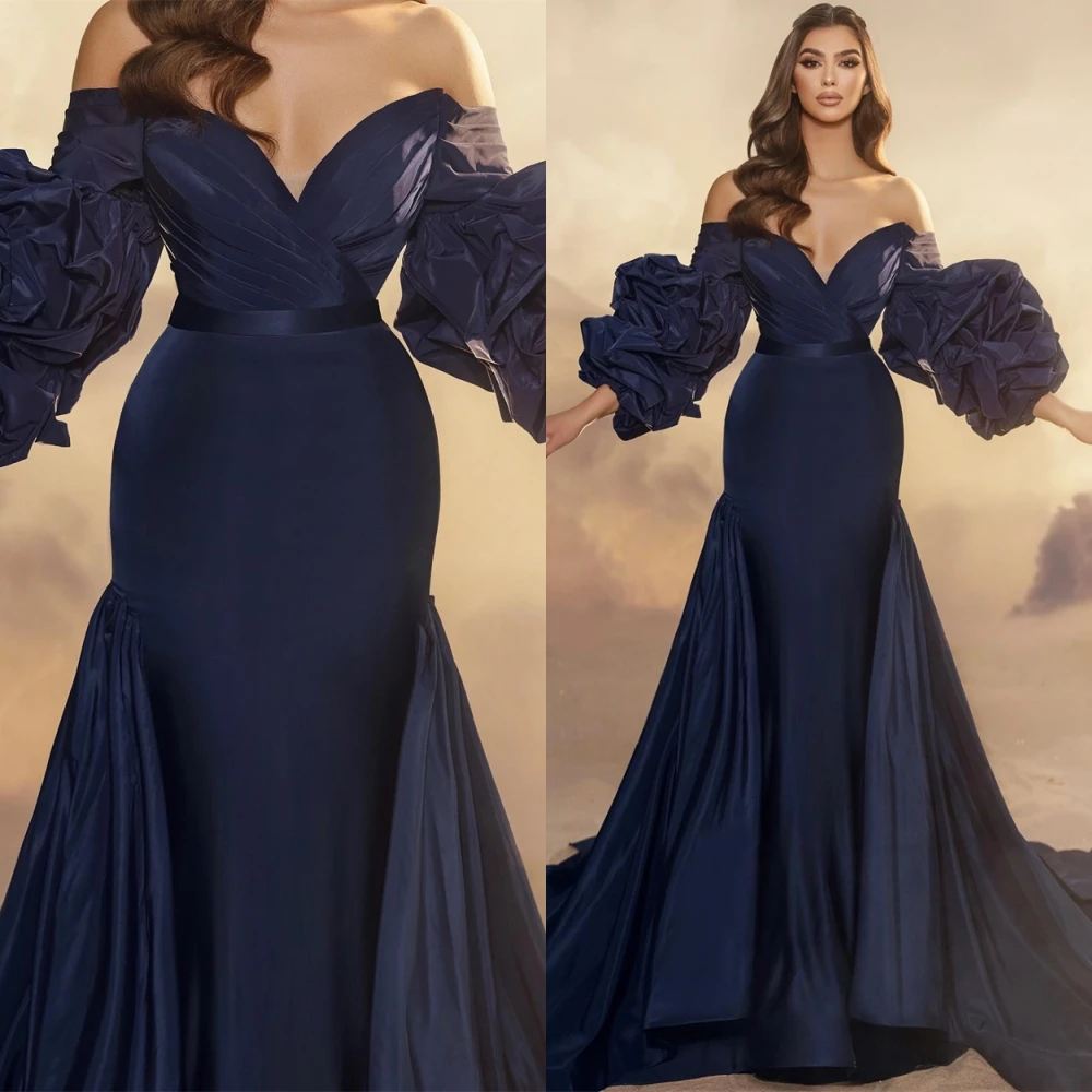 Customized Elegant V-Neck Satin Evening Dress Classic Puff Sleeves Prom Dresses Luxury Off the Shoulder Special Occasion Gowns