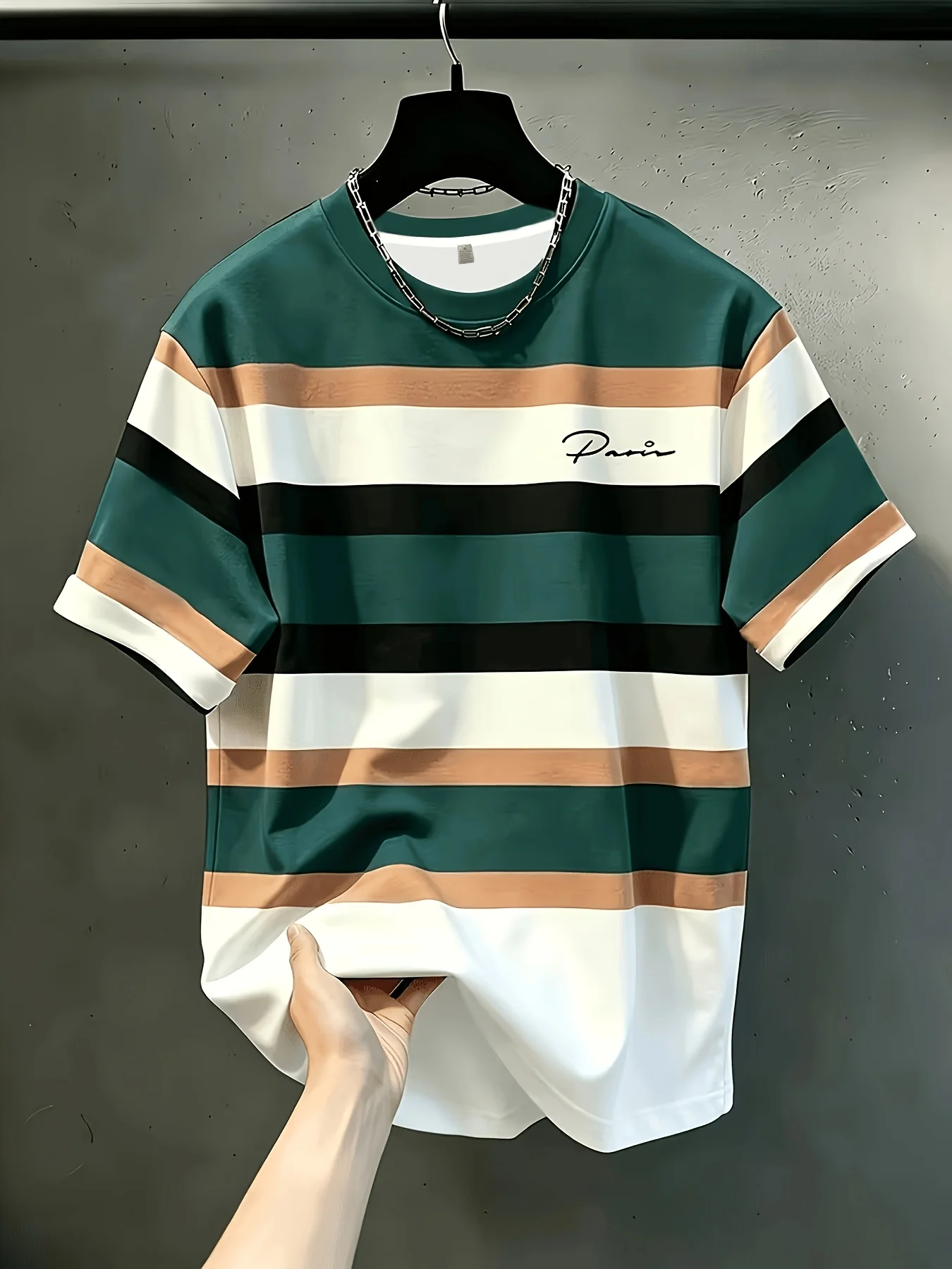Men Mesh Sports T‑Shirt Contrast Stripe Cursive Letter O‑Neck Short Sleeve Breathable Summer Casual Top