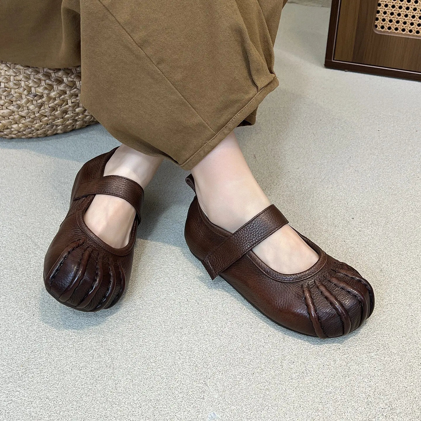 Birkuir Weave Flat Heel Shoes For Women Hollow Out Mary Jane Luxury Shoes Big Head Genuine Leather Hook Loop Shoes For Ladies