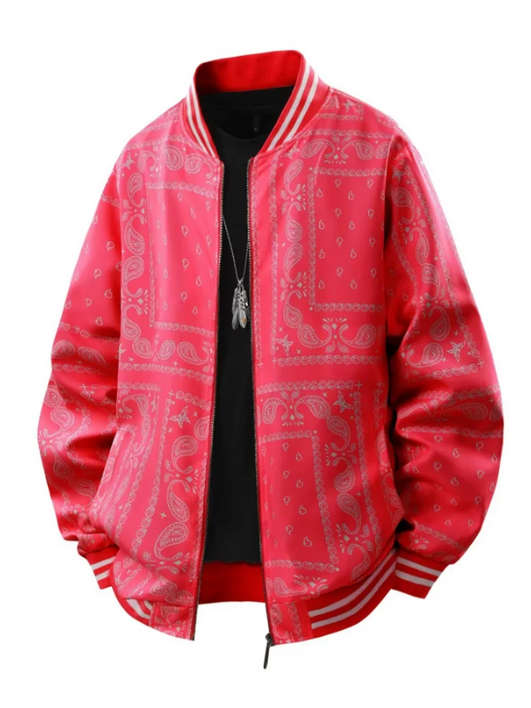 Men's Regular Fit Vintage Floral Print Baseball Collar Jackets，Interwoven Fabric Flower Printed Baseball Jacket