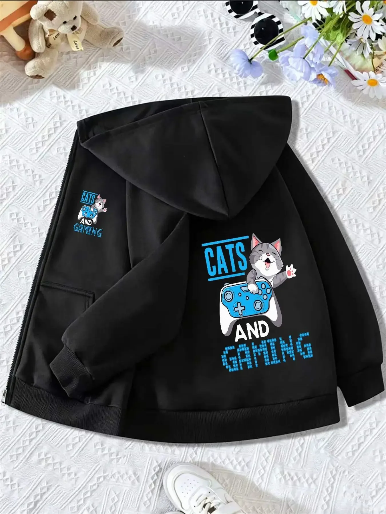 Kids Cats And Gaming Zip Up Hoodie Korean Popular Cartoon Gamer Cat Game Controller Print Sweatshirt Boys Girls Loose Jacket